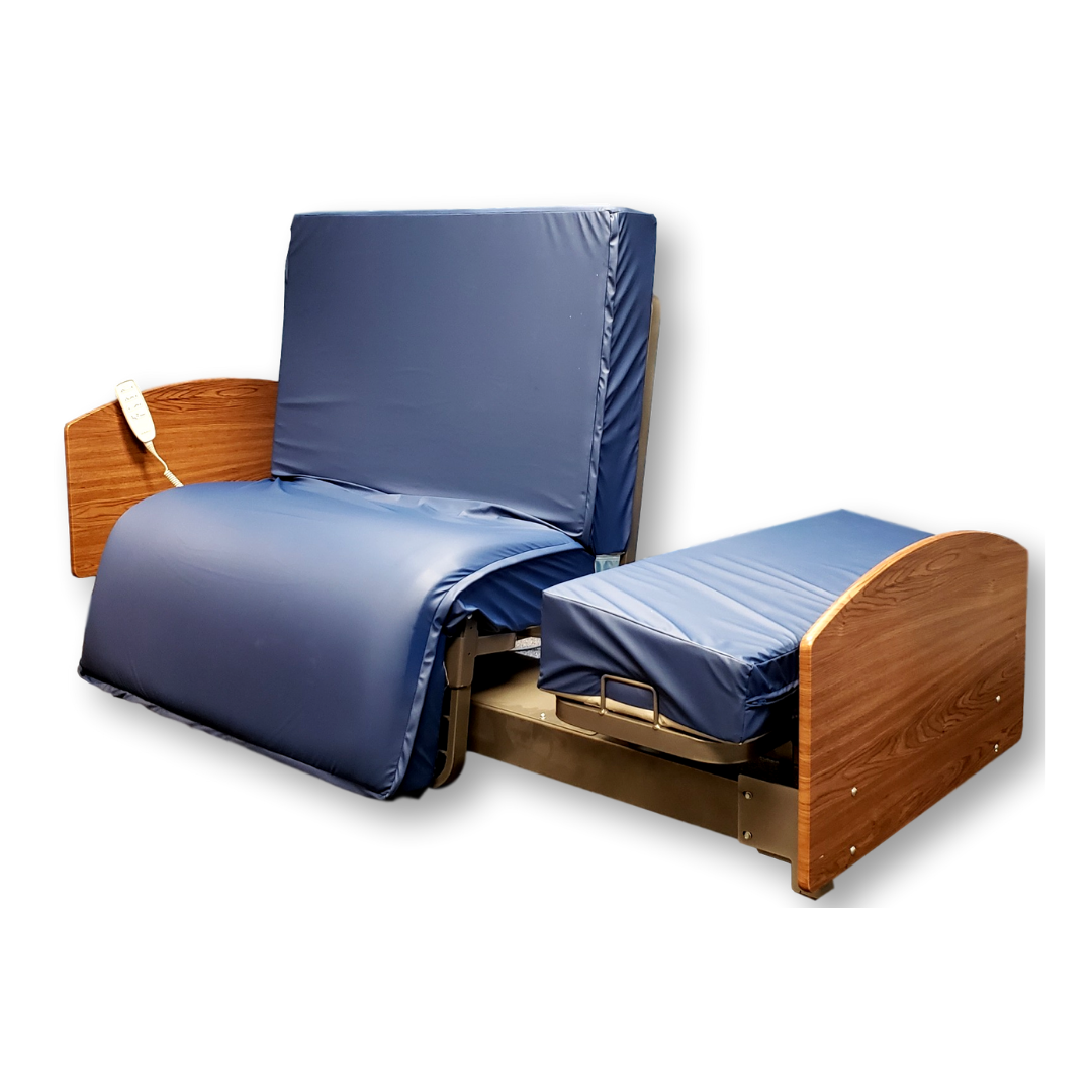 The Med-Mizer ActiveCare Rotating Hospital Bed, shown partially rotated with an extended footrest on a white background, offers a comfortable alternative to standard hospital beds.